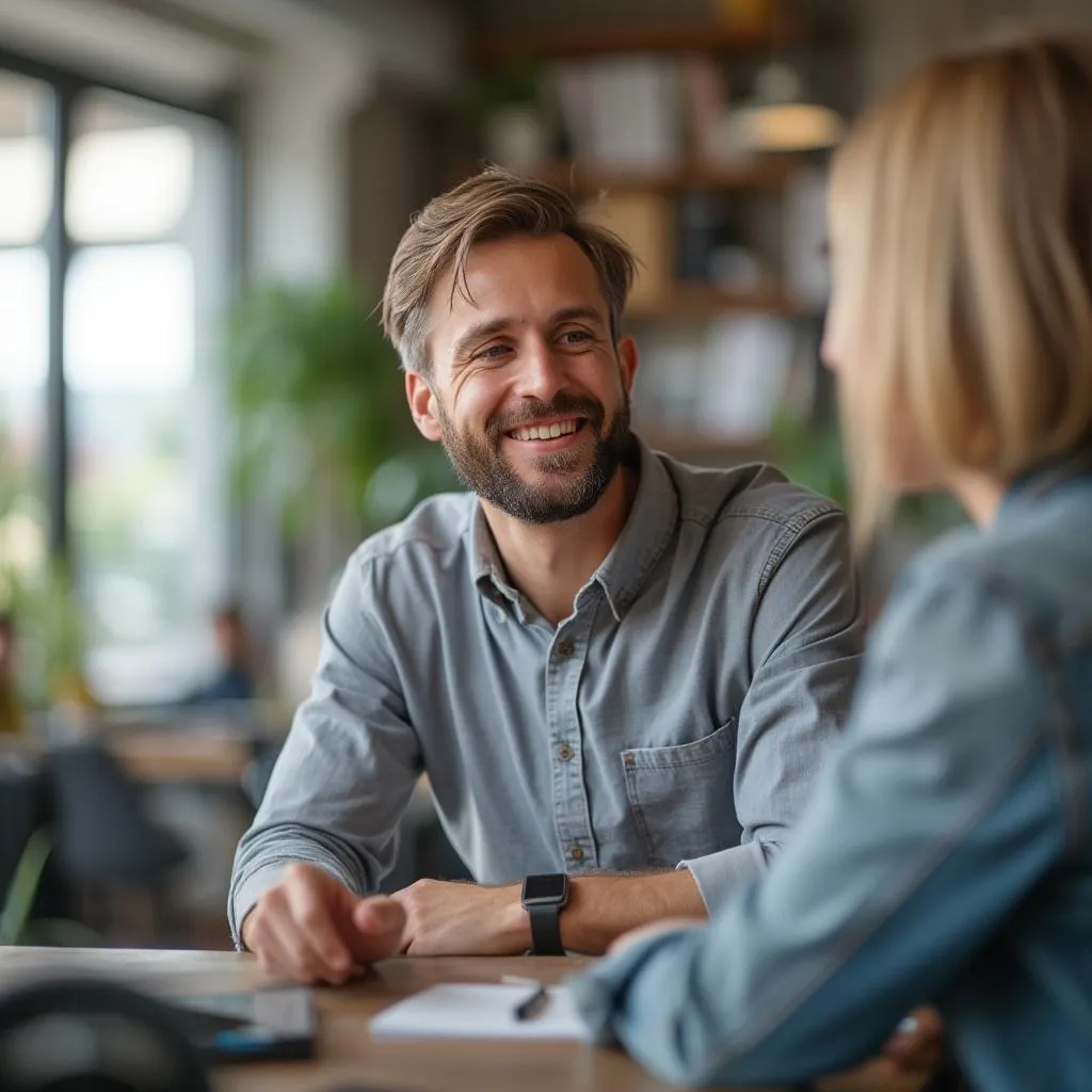 Client souriant après une consultation réussie