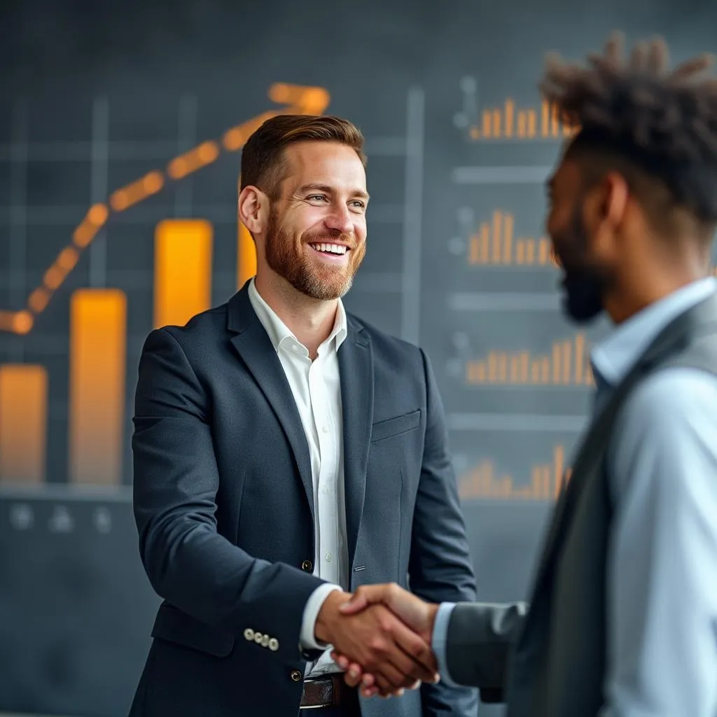 Poignée de main entre consultant et client satisfait devant un graphique de croissance