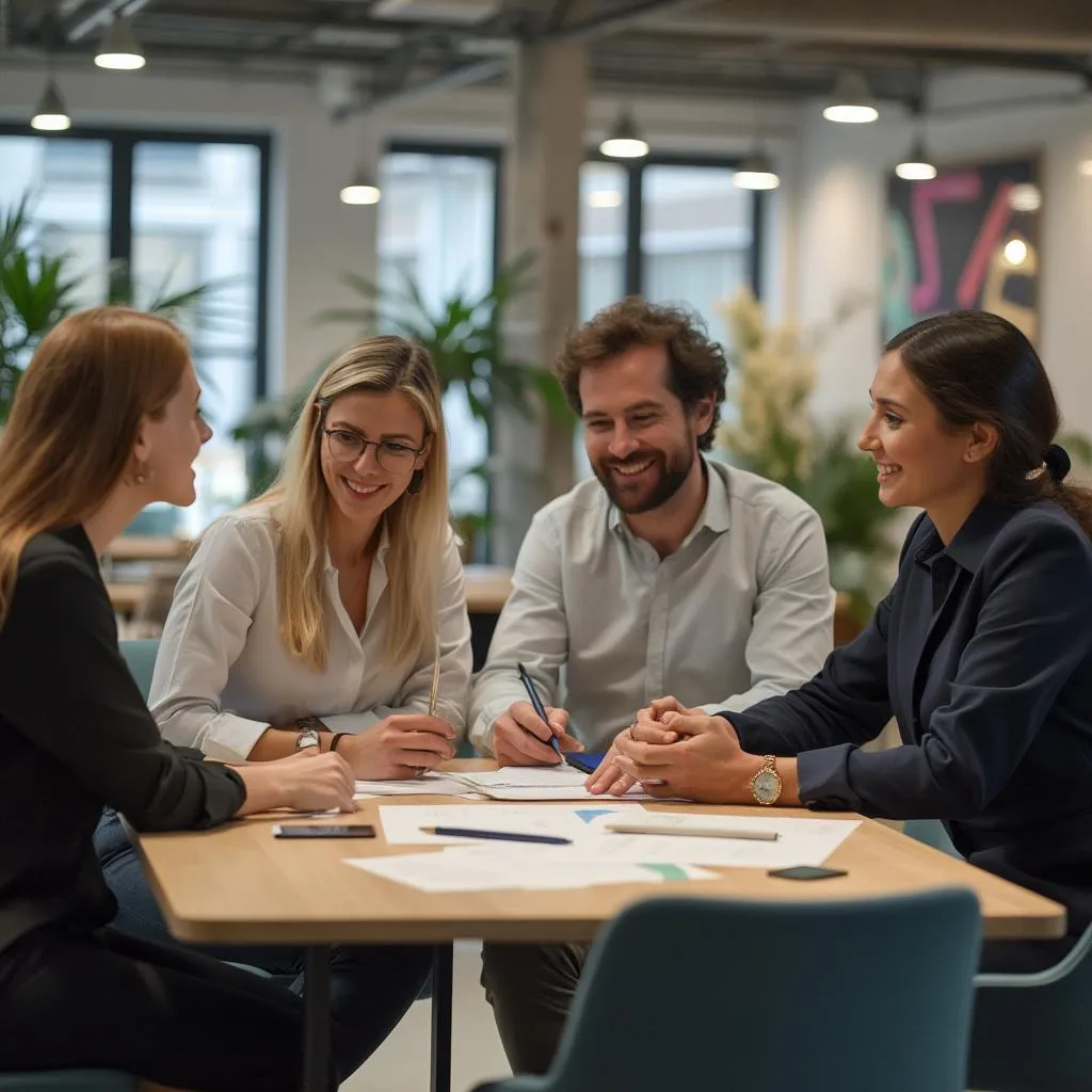 Équipe de consultants diversifiée collaborant dans un bureau moderne
