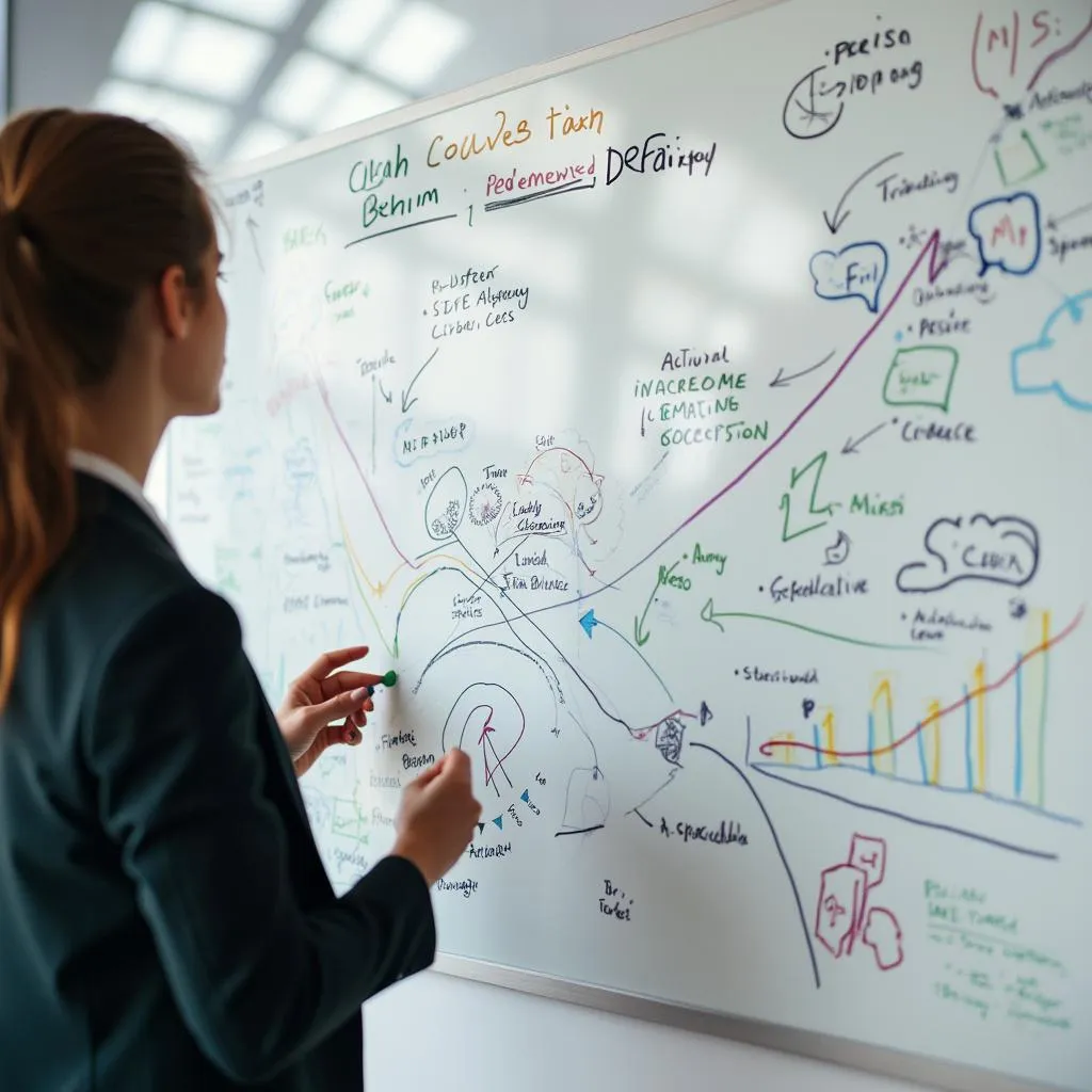 Consultant expliquant une stratégie sur un tableau blanc avec des graphiques clairs
